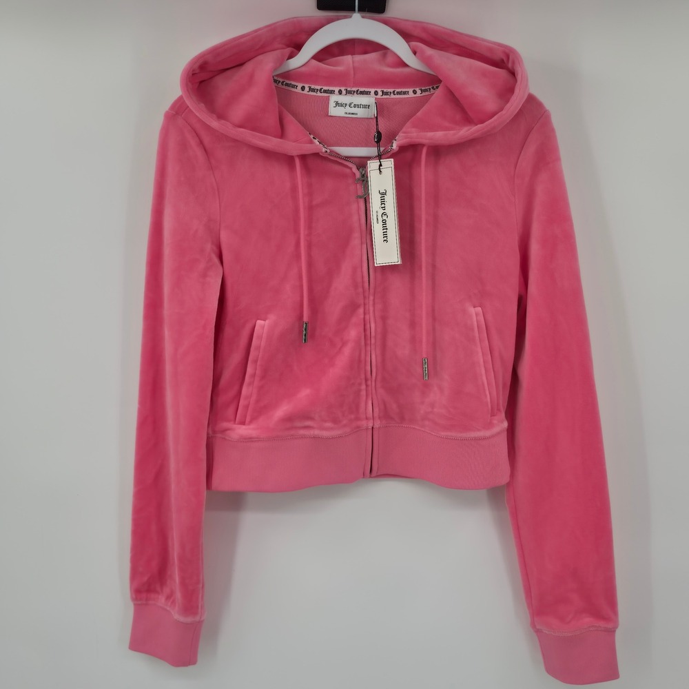 Juicy Couture Hot Hot Pink Velour Cropped Rhinestone Hoodie J2024 Womens S